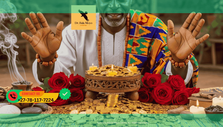Doctor Bula Moyo performing a prosperity and love ritual surrounded by gold coins and red roses.