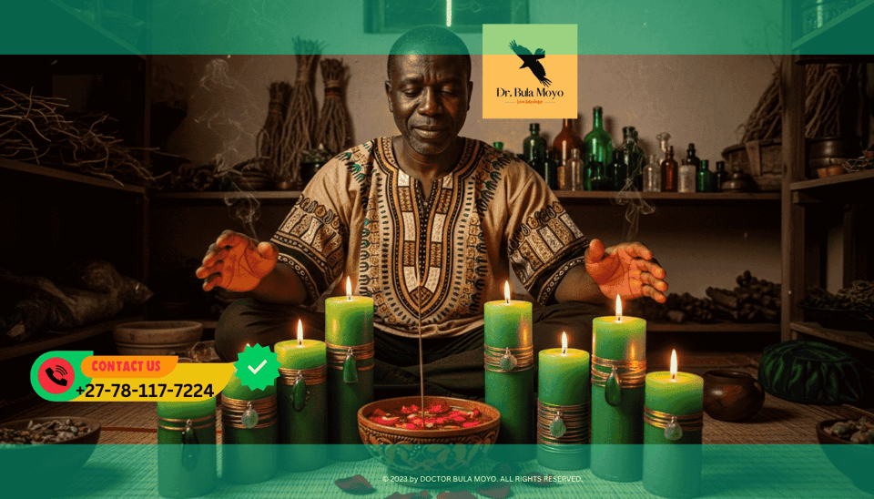 Doctor Bula Moyo performing an Emerald Path green candle ceremony for wealth and relationship harmony