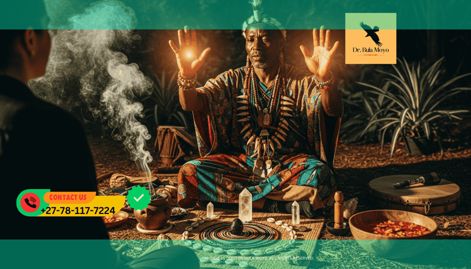 Doctor Bula Moyo performing spiritual energy cleansing ritual to align love and prosperity frequencies.