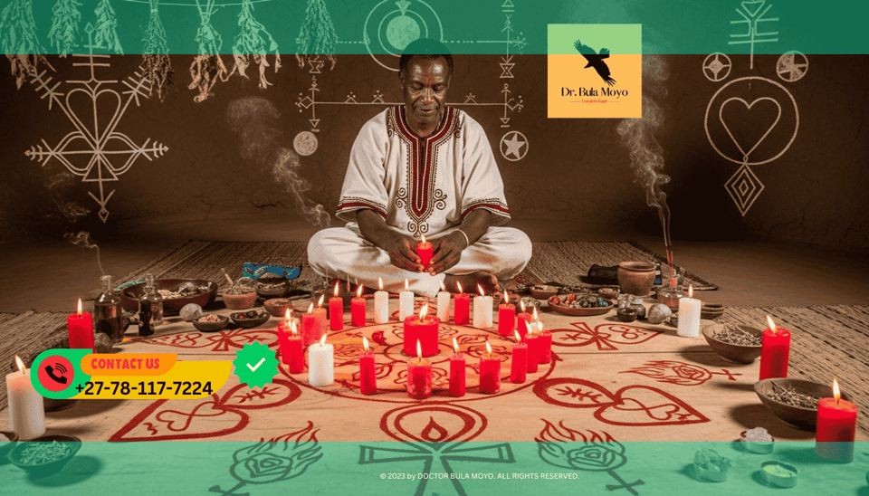 Doctor Bula Moyo preparing a sacred candle magic ceremony surrounded by mystical symbols of passion.