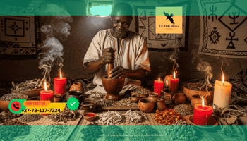 Doctor Bula Moyo preparing a traditional love potion infused with spiritual herbs and candles.