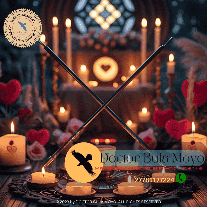 Dowsing rods crossing in front of a candle-lit altar with love symbols. (1)