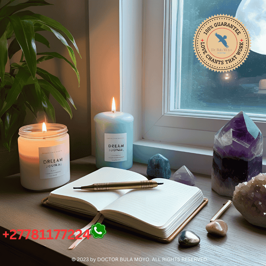 Dream journal with a candle and crystals on a nightstand under moonlight (2)