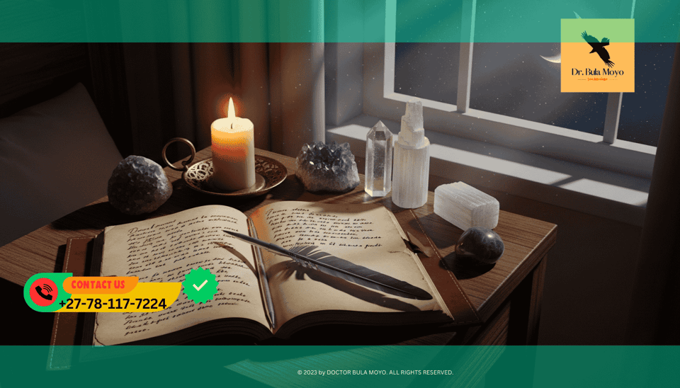 Dream journal with a candle and crystals on a nightstand under moonlight documenting protection from sleep disturbances