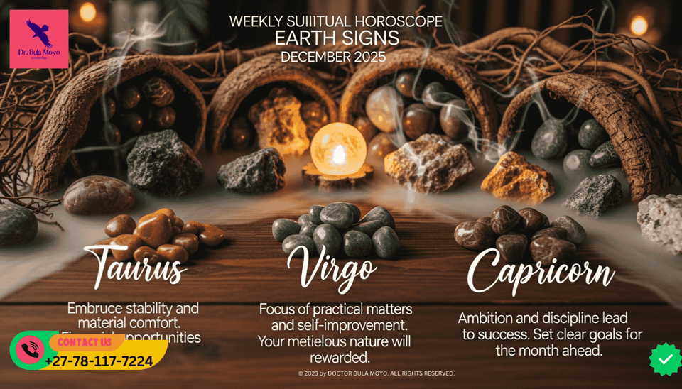 Earthy tones, roots, or crystals Weekly spiritual horoscope for Earth Signs Taurus, Virgo, Capricorn December 2025