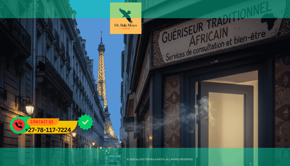 Eiffel Tower or Paris Street with subtle spiritual overlay Authentic African traditional healer services available for clients in Paris, France.