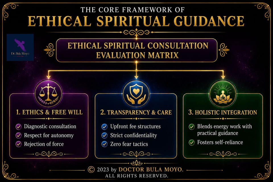 Ethical spiritual guidance framework infographic showing an ethical spiritual consultation evaluation matrix with three pillars: ethics and free will, transparency and care, and holistic integration, emphasizing respect for autonomy, rejection of force, upfront fees, confidentiality, zero fear tactics, practical guidance, and self-reliance.