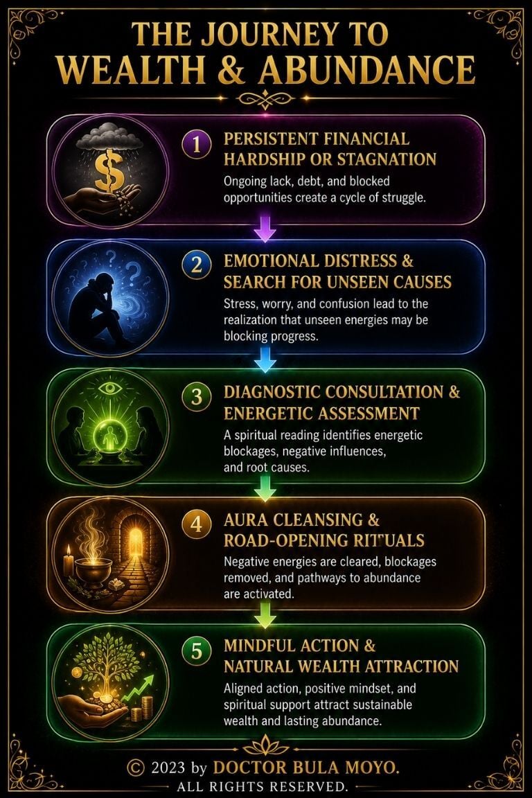 Five-step wealth and abundance journey from financial hardship and emotional distress to energetic assessment, cleansing, mindful action, and natural wealth attraction.