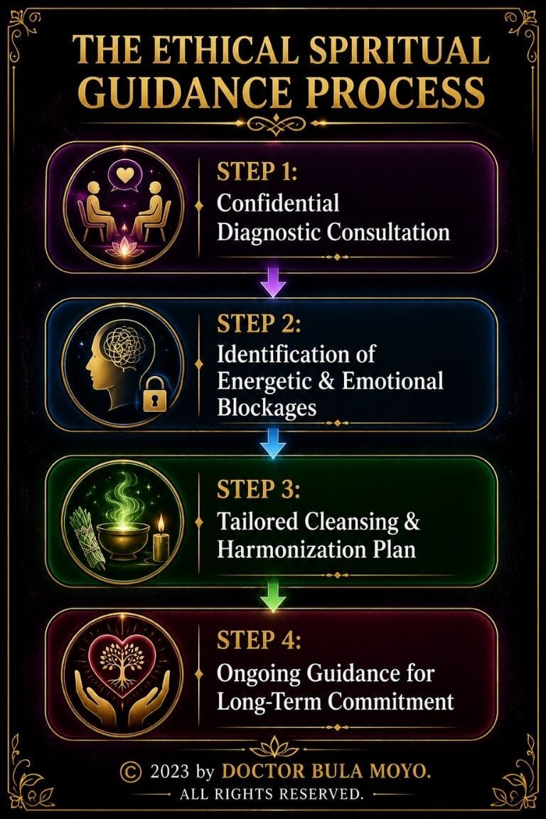 Four-step ethical spiritual guidance process from confidential consultation to long-term relationship guidance.