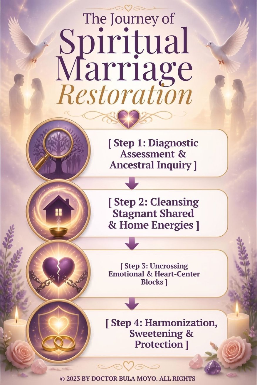 Four-step spiritual relationship healing framework showing diagnostic and ancestral inquiry, cleansing stagnant shared and home energies, uncrossing emotional and heart-centered blocks, and harmon