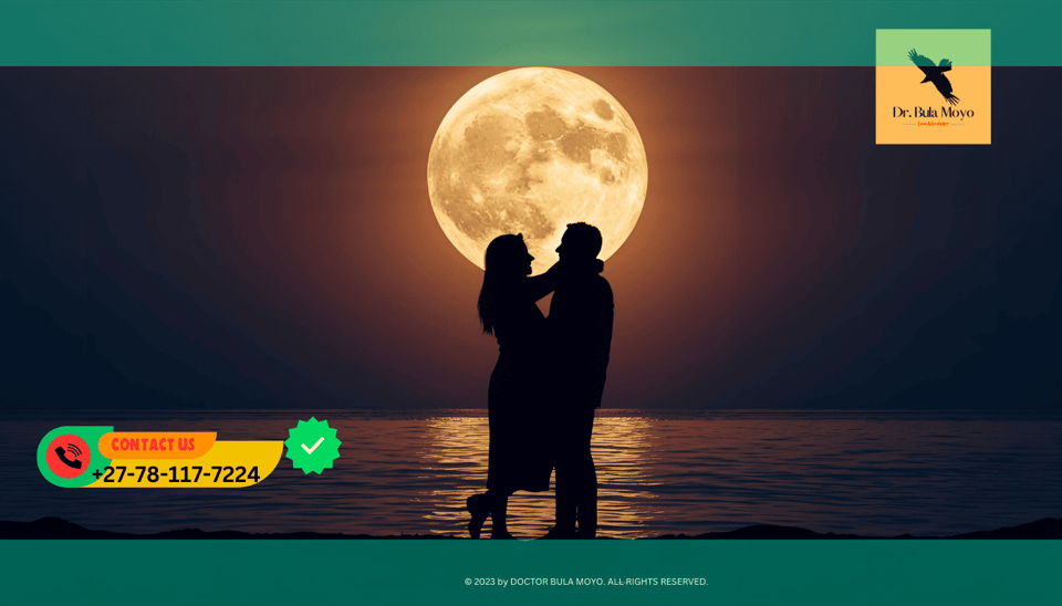 Full Moon over water  and silhouette of a couple love rituals and manifestation spells for [Current Month]