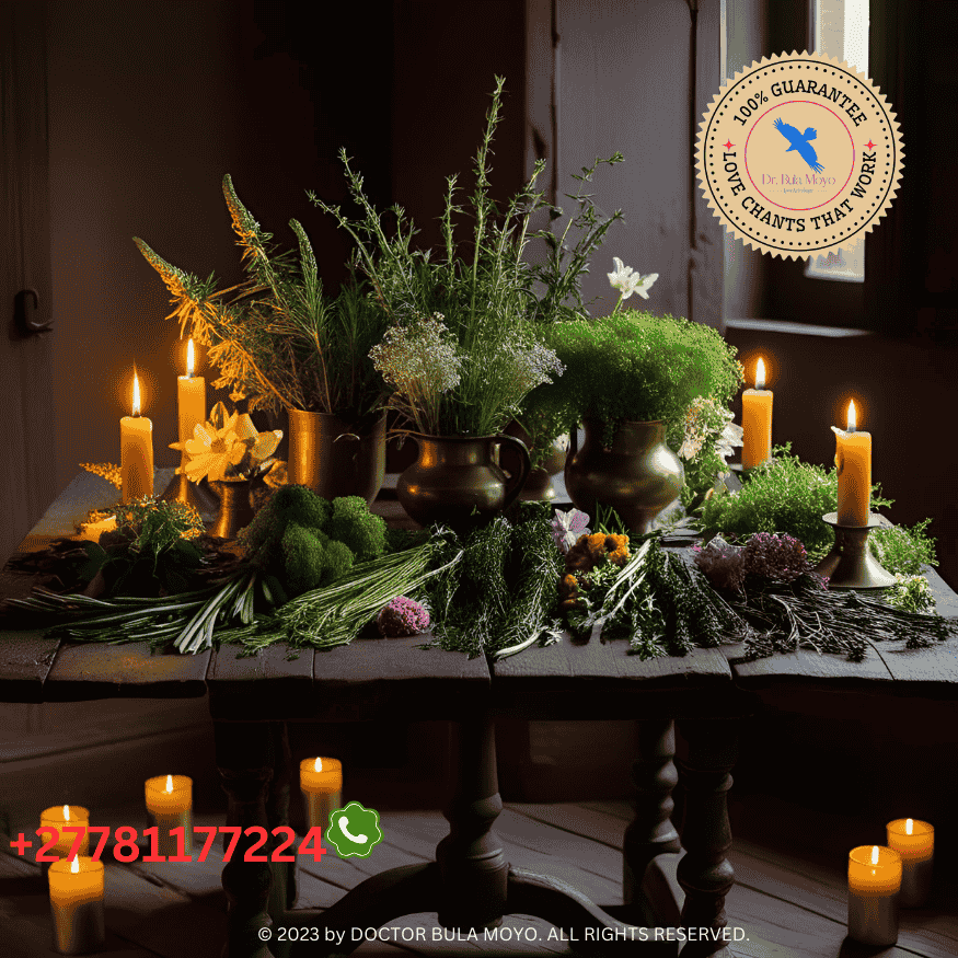 Herbs and flowers used in a love potion ritual.