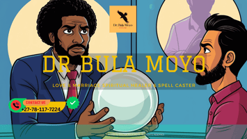 Illustration showing a suspicious love psychic behind a crystal ball and a cautious client