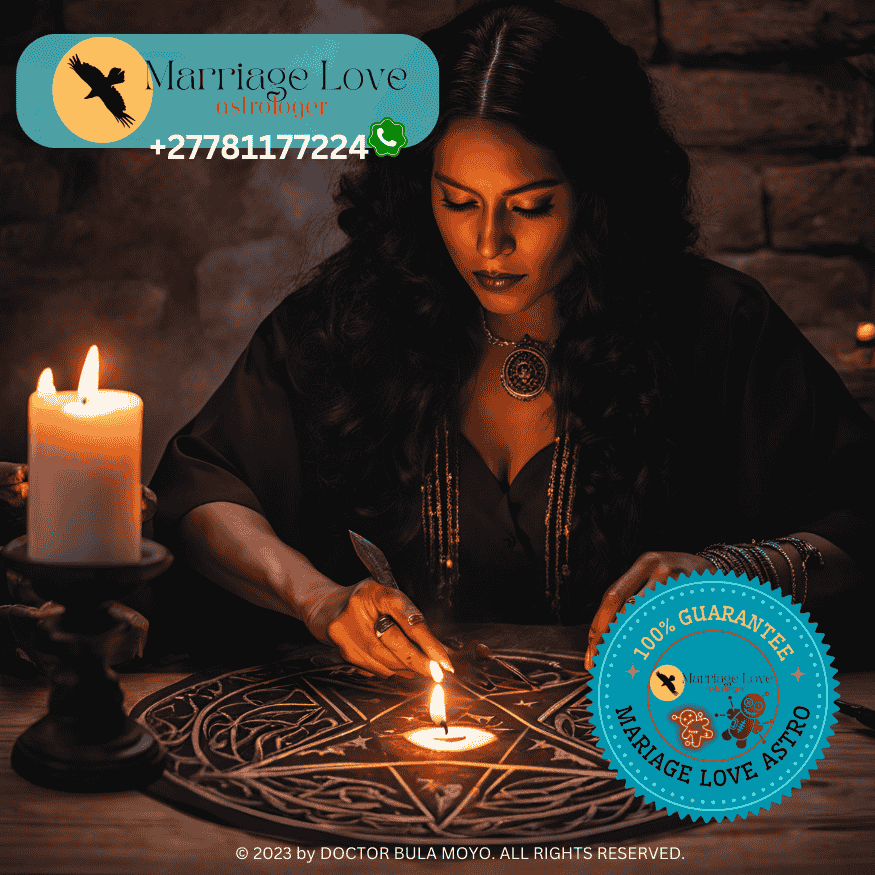 Image captures a practitioner conducting a black magic love spell ritual, with a lit black candle, a pentagram, and a ceremonial knife. (1)