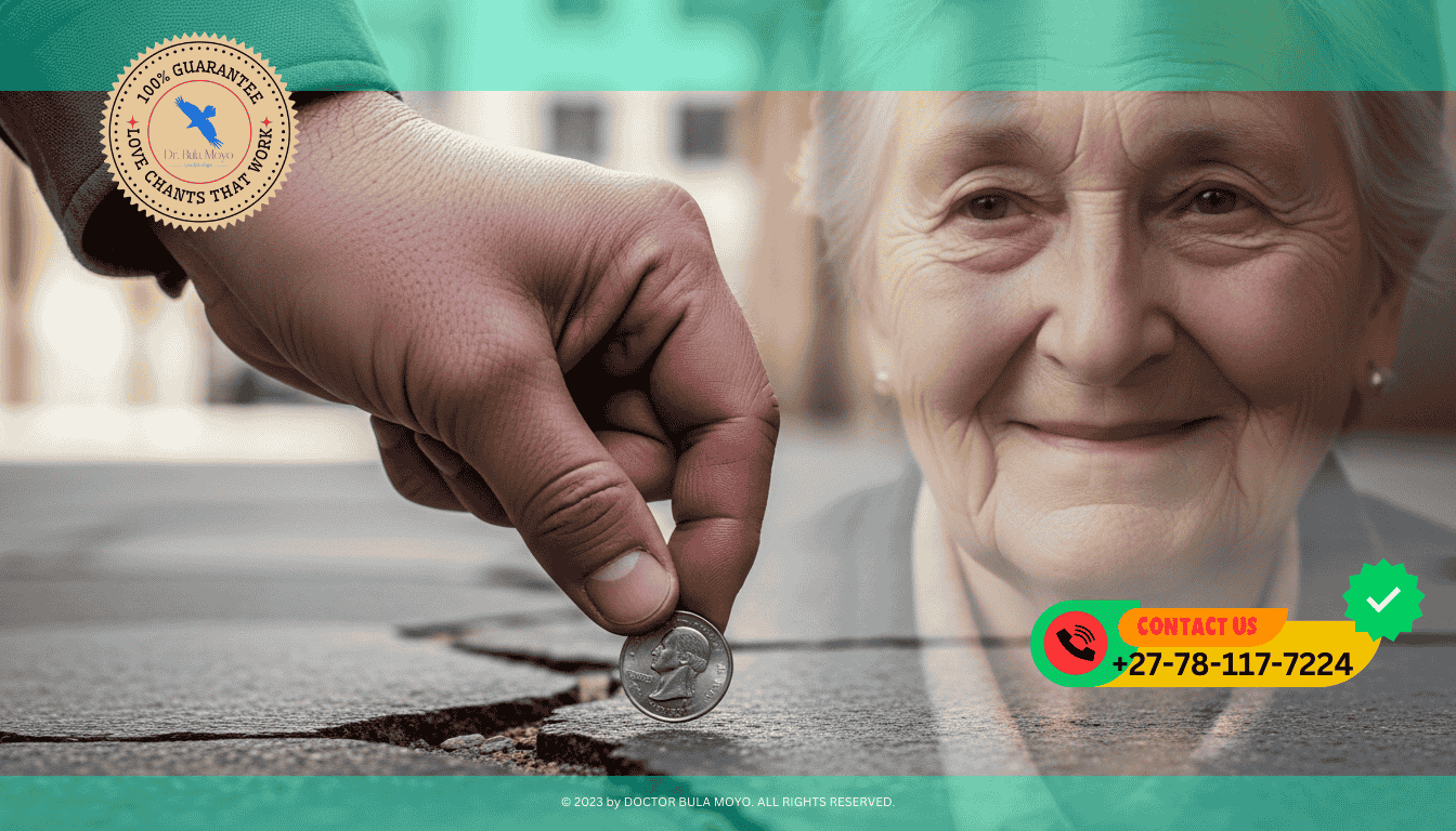Image showing a hand picking up a silver coin from the sidewalk, with a faint translucent figure of an elder smiling in the background