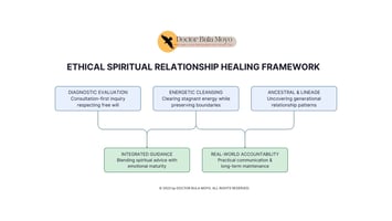 Infographic of ethical spiritual relationship healing process including consultation, energy cleansing, ancestral pattern healing, guidance, and relationship accountability steps.