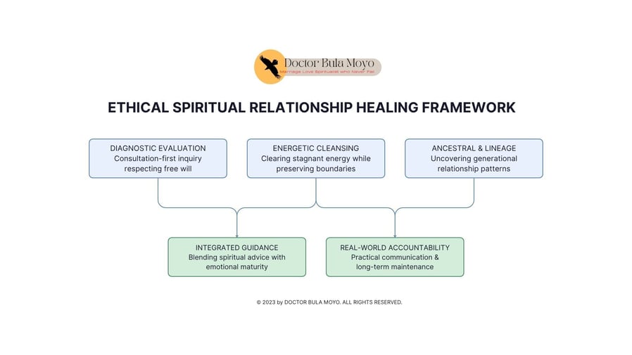 Infographic of ethical spiritual relationship healing process including consultation, energy cleansing, ancestral pattern healing, guidance, and relationship accountability steps.