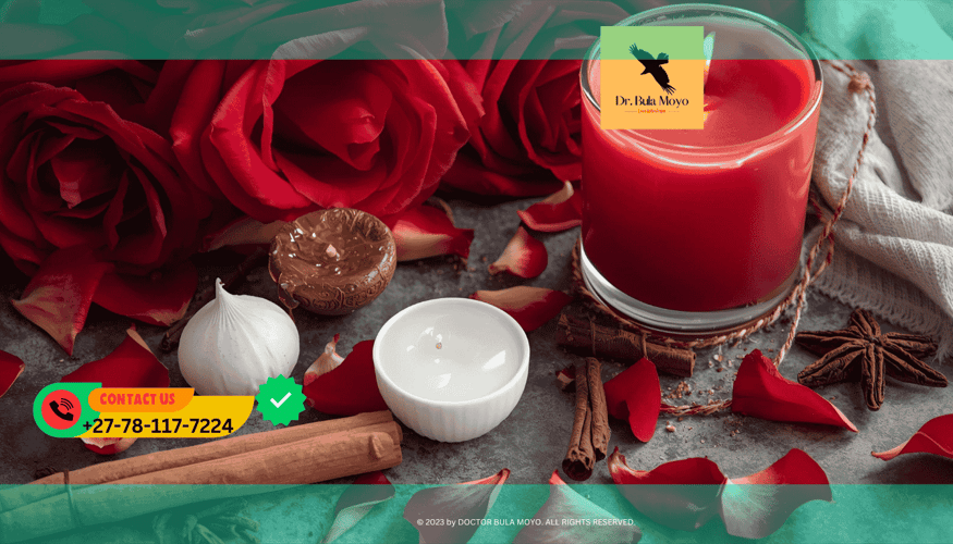Love potion ingredients including rose petals, honey, cinnamon, and vanilla arranged beside a red candle. (2)