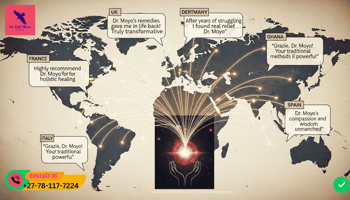 Map of EuropeWorld connected to Africa Client testimonials for Dr. Bula Moyo traditional healing from UK, Germany, and Europe.