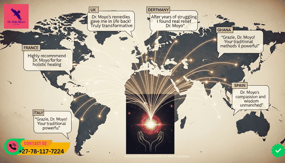 Map of EuropeWorld connected to Africa Client testimonials for Dr. Bula Moyo traditional healing from UK, Germany, and Europe.