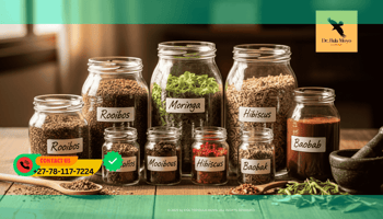 Natural, non-toxic traditional African herbs prepared safely in glass jars.