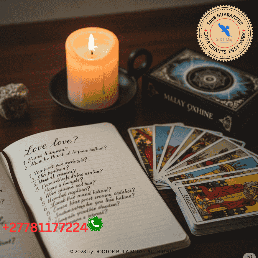 Notebook open with carefully written love questions beside a tarot deck and candle. (1)