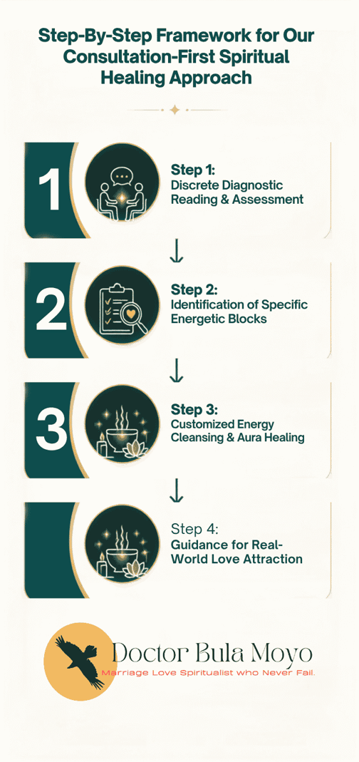 Our Consultation-First Spiritual Healing Approach, illustrating a sequential diagnostic and healing process connected by downward-pointing arrows