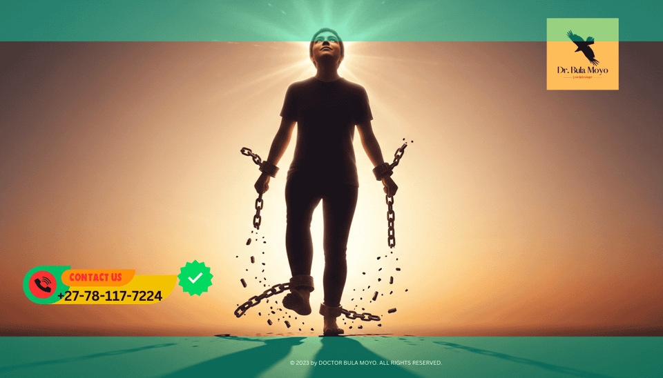 Person breaking chains or stepping out of a shadow Spiritual healing from narcissistic abuse and toxic relationships.