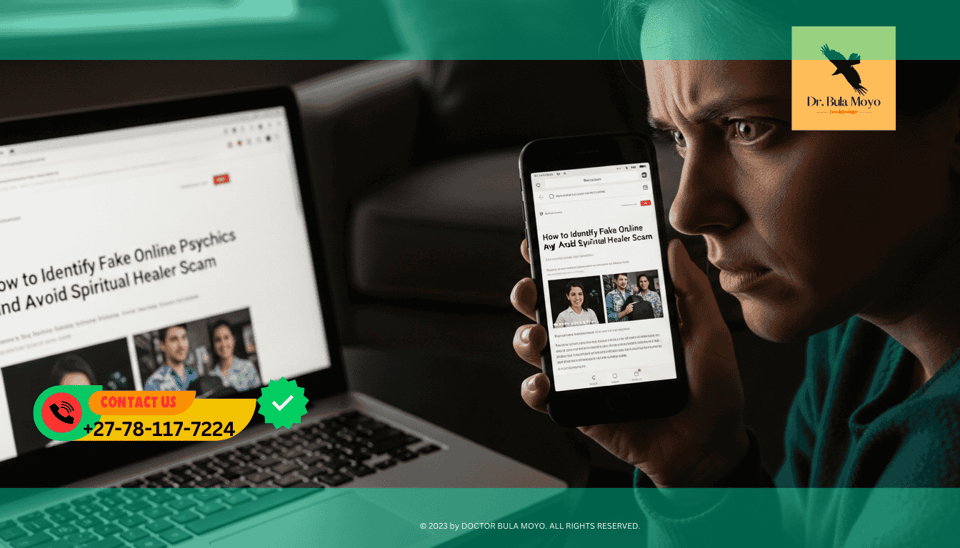 Person looking suspicious at a phonelaptop How to identify fake online psychics and avoid spiritual healer scams.