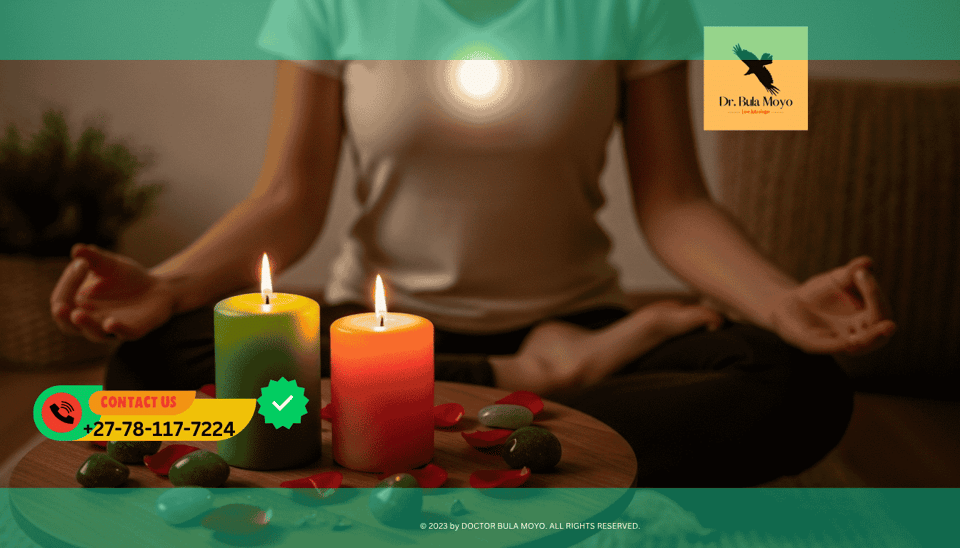 Person meditating with green and pink candles symbolizing heart chakra healing for love and financial balance.