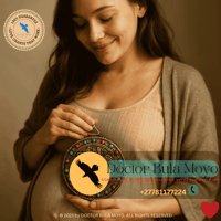 Pregnant woman holding a protective charm on her belly.