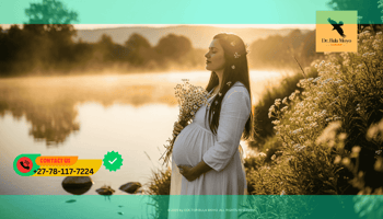 Pregnant woman holding her belly or white flowers by a river Spiritual fertility rituals and womb cleansing for women trying to conceive.