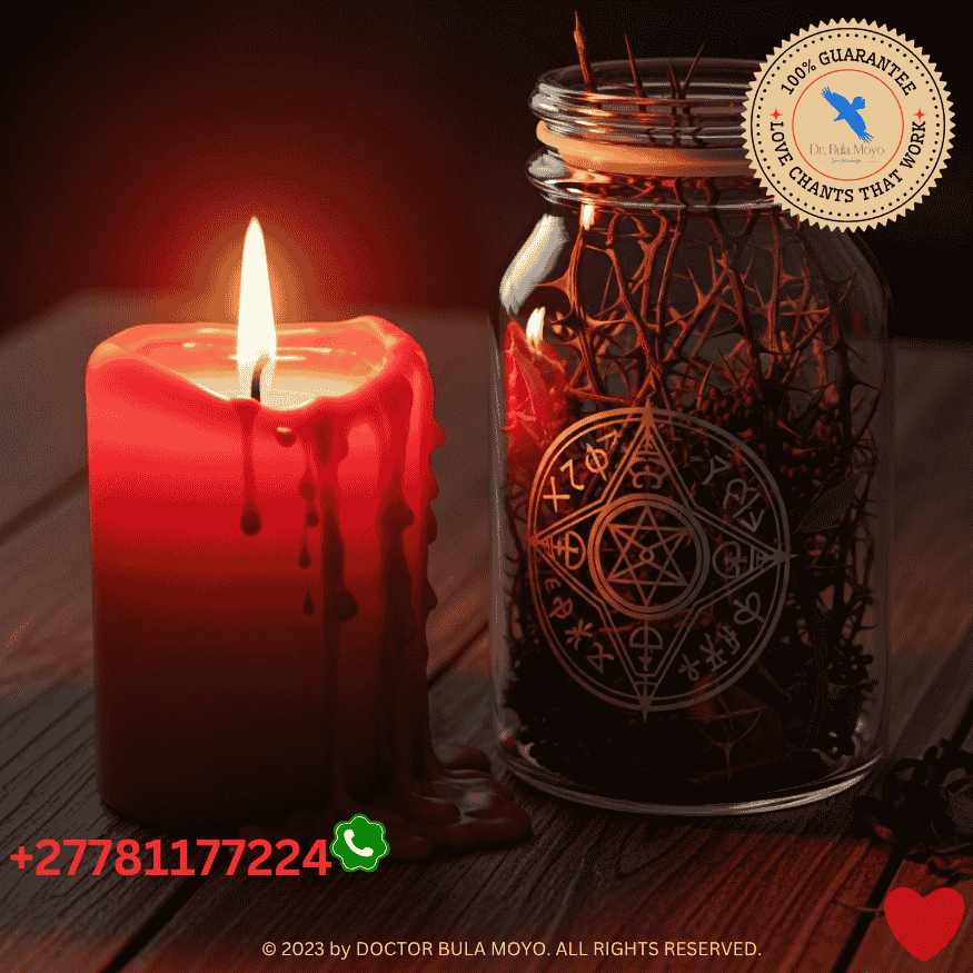 Red candle and sealed jar with thorn herbs symbolizing forbidden love magic