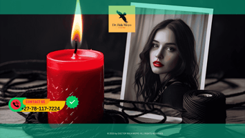 Red candle burning beside a photo and black string used in obsession spellwork (2)