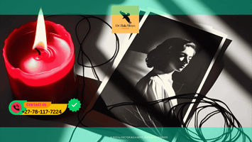 Red candle burning beside a photo and black string used in obsession spellwork (2)