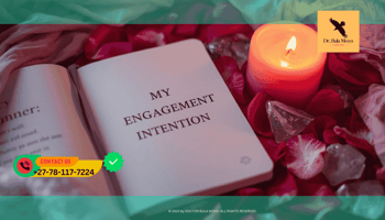 Romantic altar with rose petals, a journal open to “My Engagement Intention,” and a lit pink candle surrounded by crystals. (2)