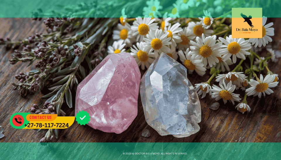 Rose quartz and moonstone crystals placed beside chamomile and jasmine herbs for a fertility ritual. (1)