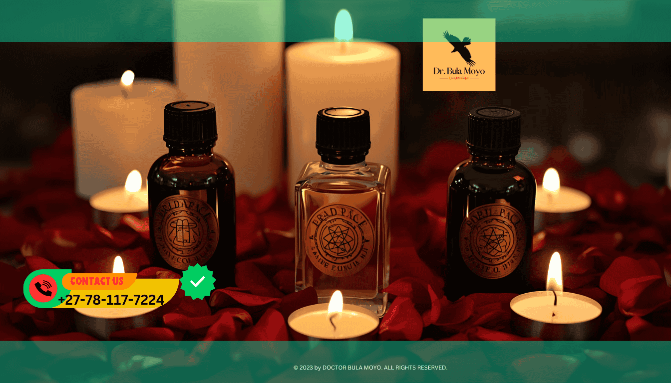 Sacred perfume bottles and essential oils arranged for love and passion rituals with candles and rose petals.
