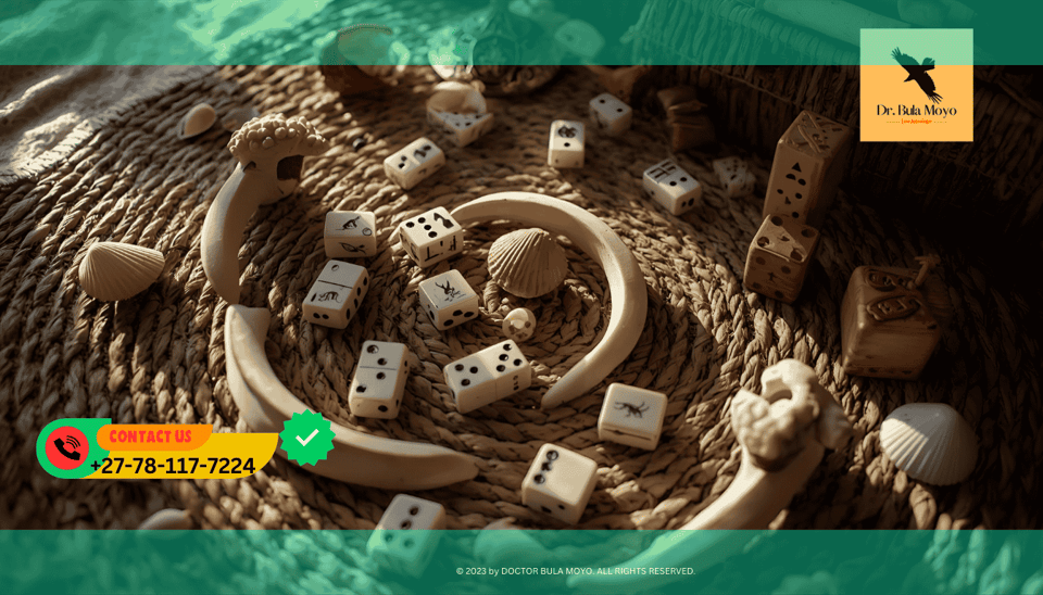 Sangoma divination set with lion bones, seashells, and dominoes for psychic reading.