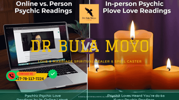 Side-by-side comparison of online vs. in-person psychic love readings, showing a laptop and a candlelit reading room