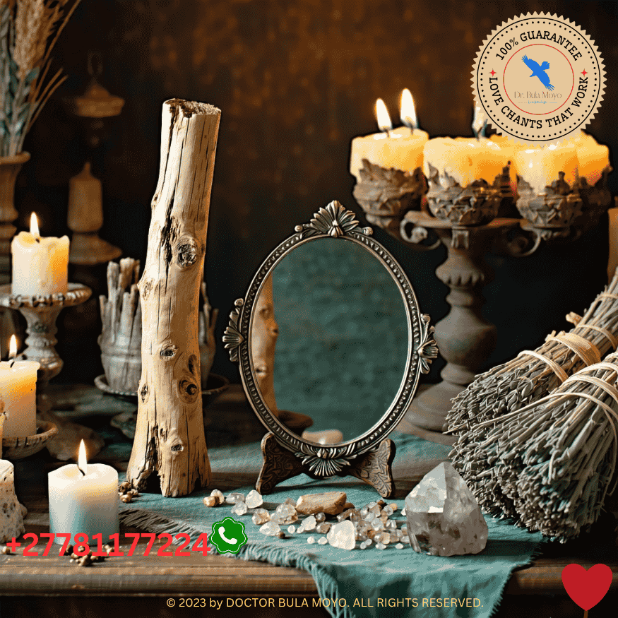 Spiritual altar with calamus root, sage, and mirror for obsession ritual setup