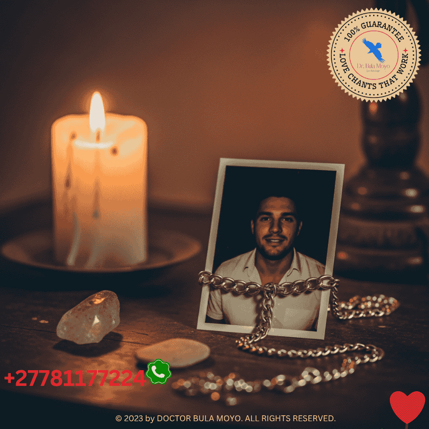 Spiritual chain, photograph, and candle on altar representing a love-binding spell