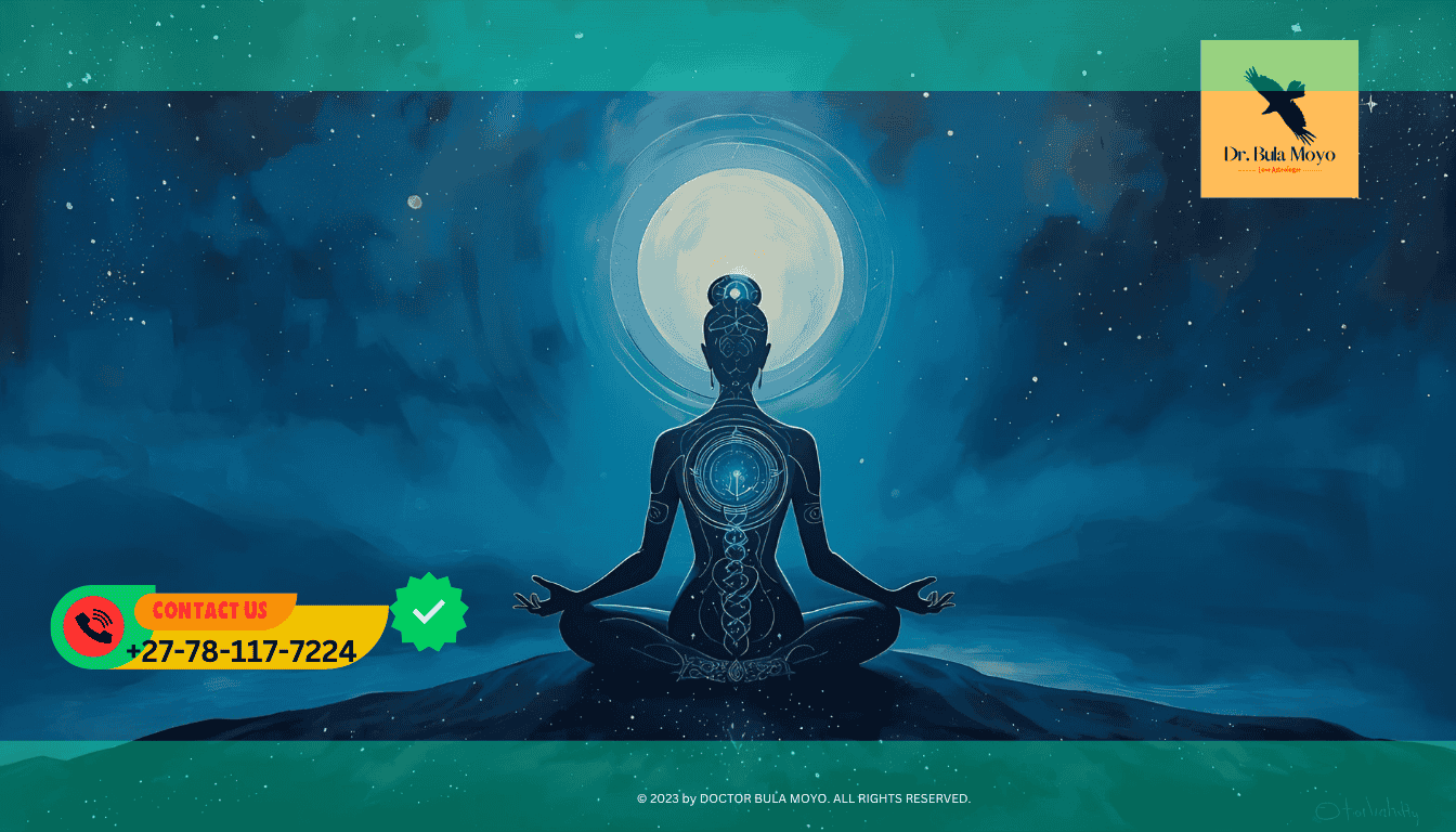 Spiritual healer meditating under stars symbolizing balance of feminine and masculine energies.