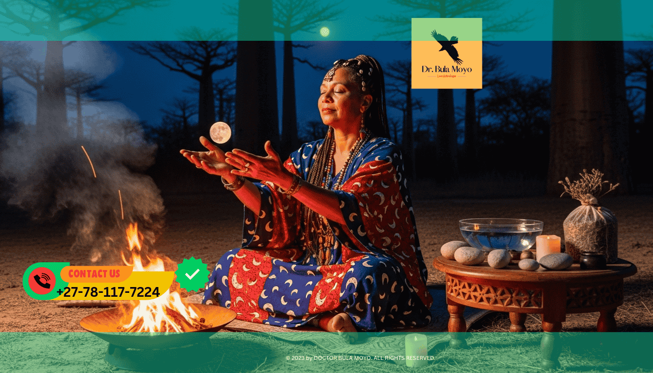 Spiritual healer performing Moon and Fire ritual for passion, intimacy, and spiritual harmony under the full moon
