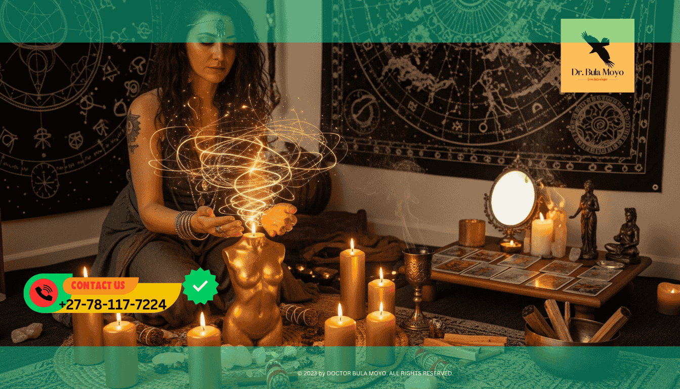 Spiritual healer performing golden candle ritual to manifest love and abundance using sexual energy.