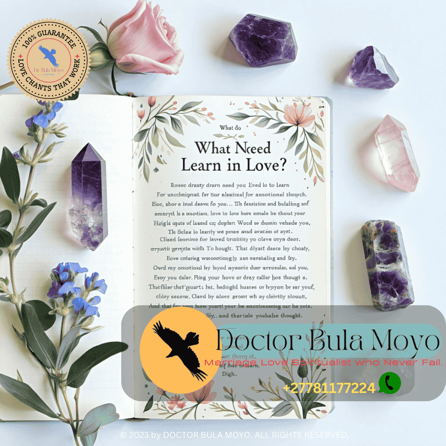 Spiritual journal page titled “What Do I Need to Learn in Love” with crystals beside it.