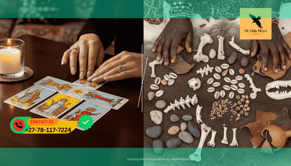 Split screen of Tarot cards and Bones Difference between Western Tarot reading and traditional African Bone Throwing divination
