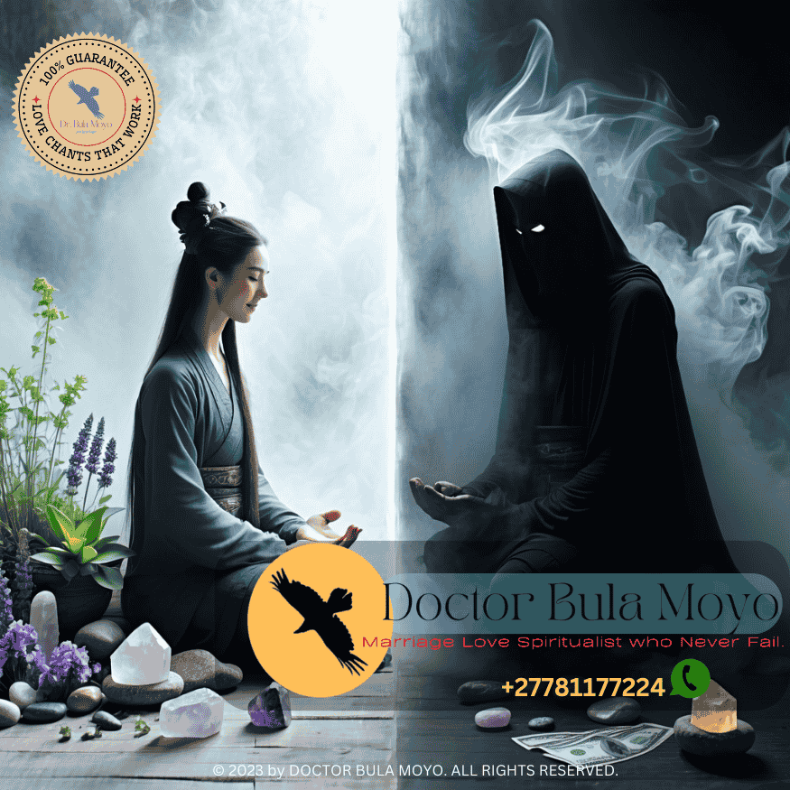 Split screen of a peaceful healer vs. a shadowy figure with money symbols.