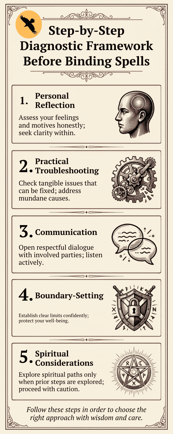 Step-by-Step Diagnostic Framework Before Considering a Binding Spell, presenting a five-stage evaluation process connected sequentially by downward-pointing arrows (1)