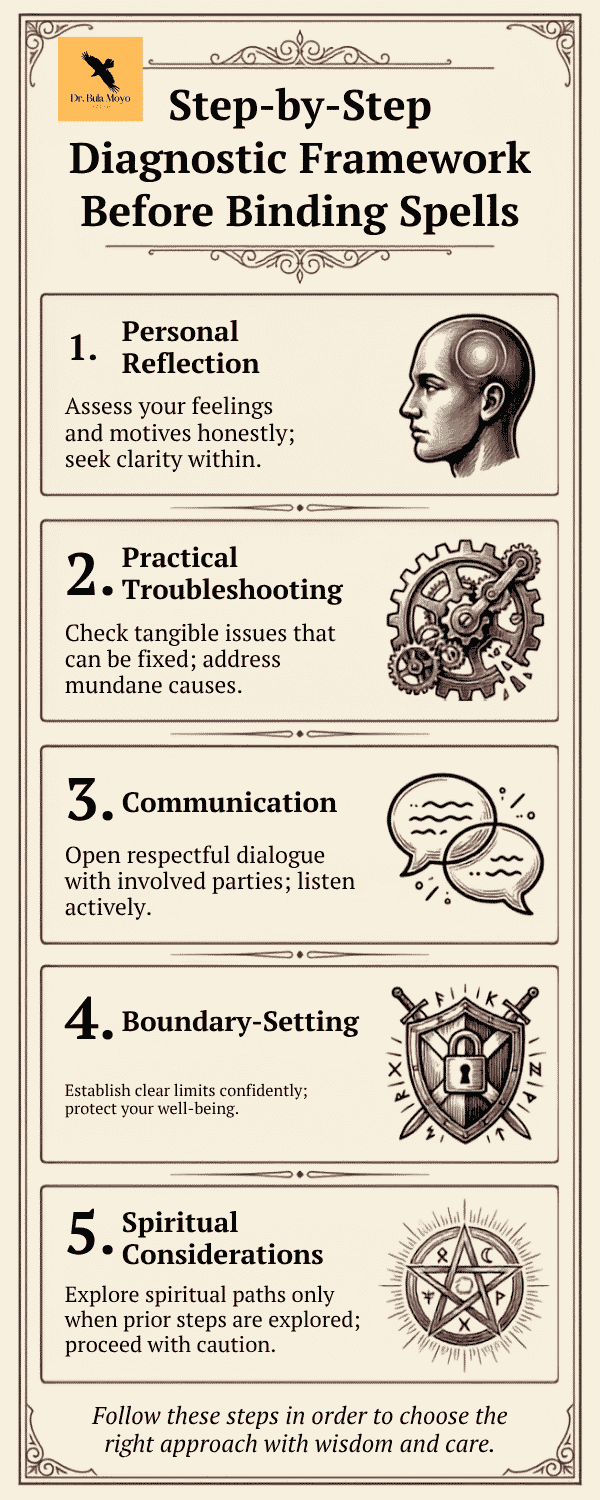 Step-by-Step Diagnostic Framework Before Considering a Binding Spell, presenting a five-stage evaluation process connected sequentially by downward-pointing arrows (2)